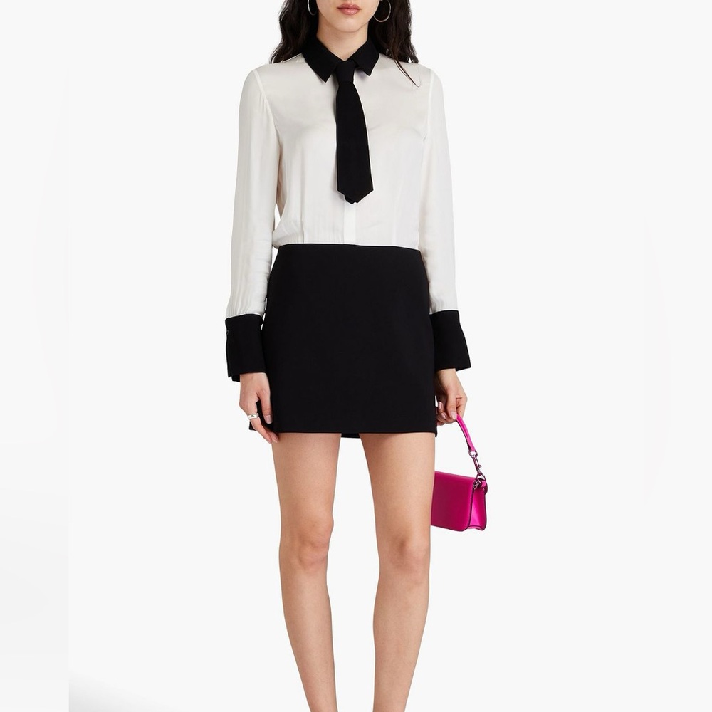 Alice + Olivia Black Cocktail mini shirt dress two tone crepe and twill